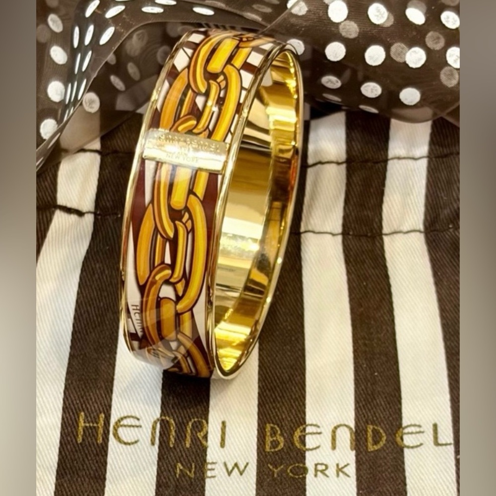 RARE HENRI BENDEL Gold/Brown Enamel Chain-Print Bangle Bracelet/HB Dust Bag